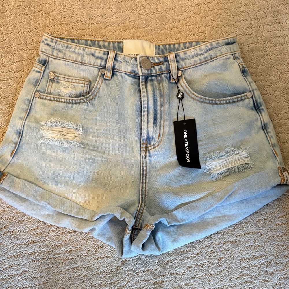 One Teaspoon Faded Blue Ripped Jean Shorts